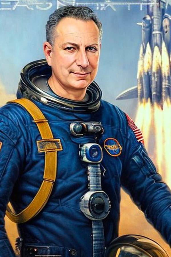 Vinícius com roupa de astronauta.