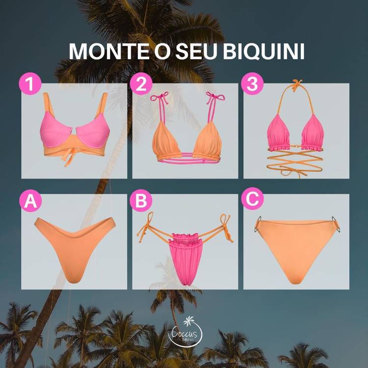 fundo de praia com fotos em still de 6 peças de biquíni laranja e rosa neon da Coccus Bikinis