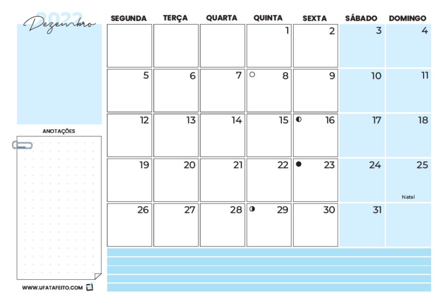 calendário de dezembro de 2022 para imprimir do site Ufa Tá Feito