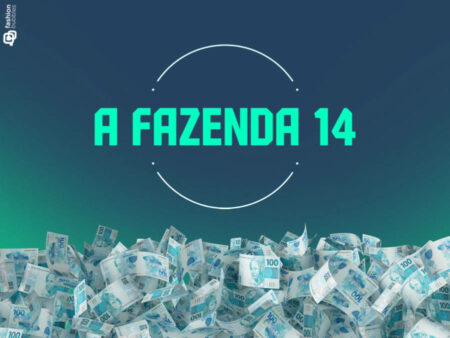 Ilustração de notas de 100 reais com o Logo de A Fazenda 14 em cima. Fundo: um degradê de azul com verde