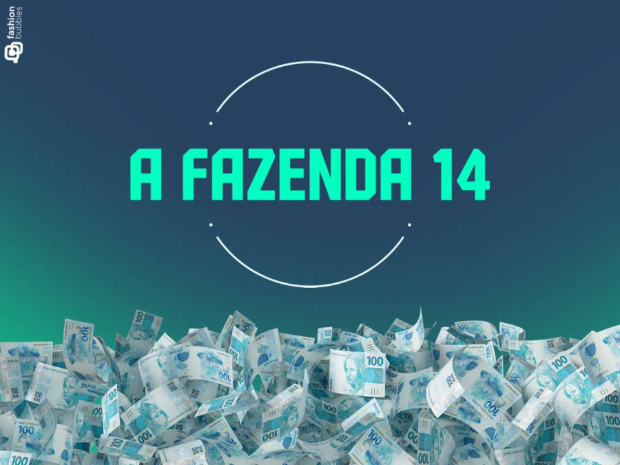 Ilustração de notas de 100 reais com o Logo de A Fazenda 14 em cima. Fundo: um degradê de azul com verde