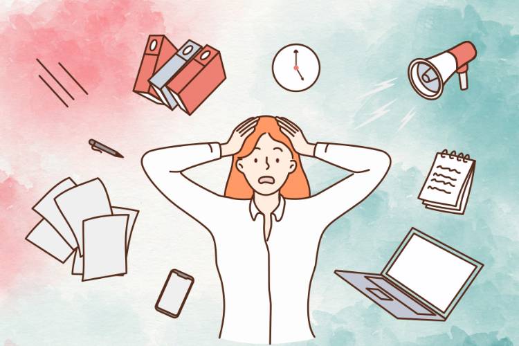 ilustração de mulher com Síndrome de Burnout, rodeada por símbolos de tarefas