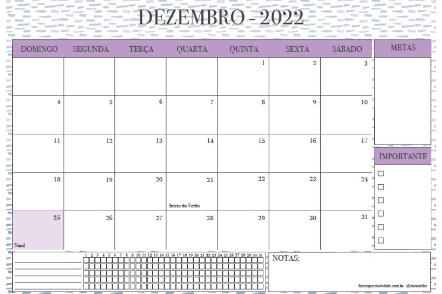 calendário de dezembro de 2022 para imprimir do site Foco na Produtividade