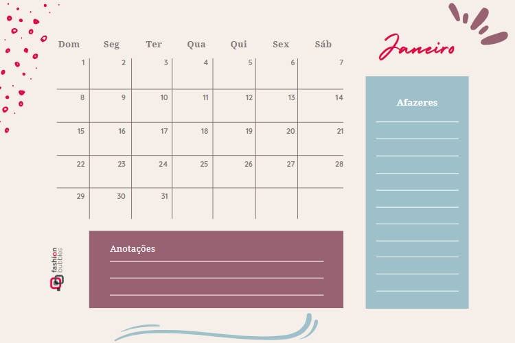 Planner mensal para janeiro 2023 nos tons de rosa, roxo e azul