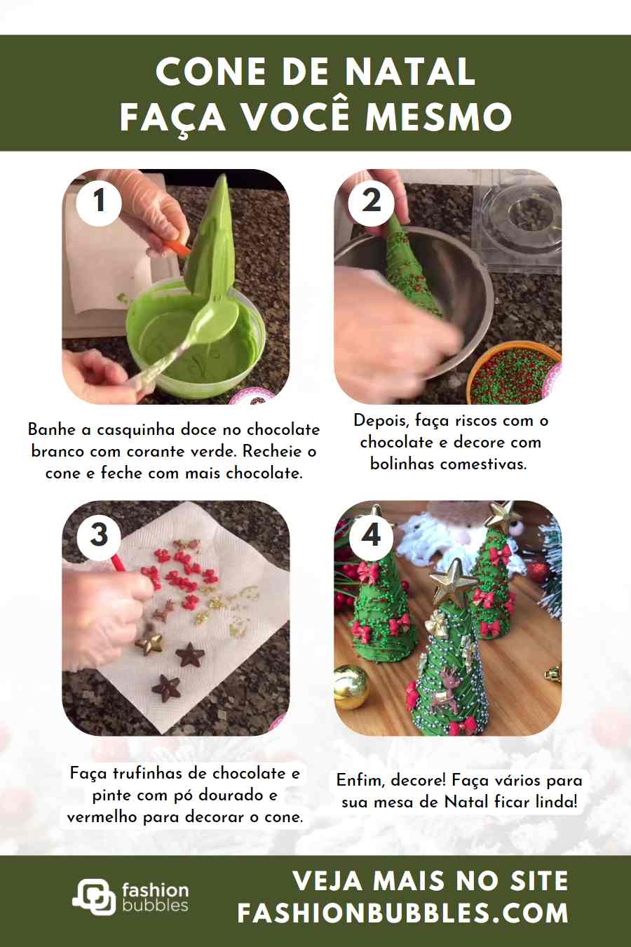 Montagem com 4 passos de como fazer cones de Natal.