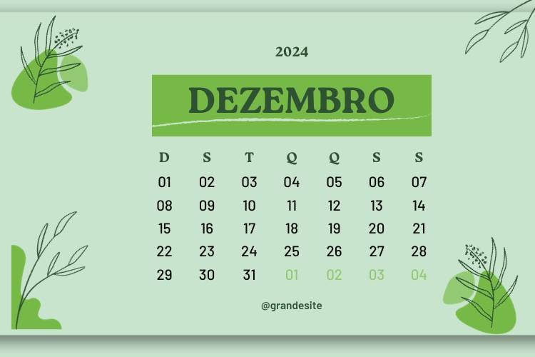 Calendário de dezembro de 2024 em tons de verde. 