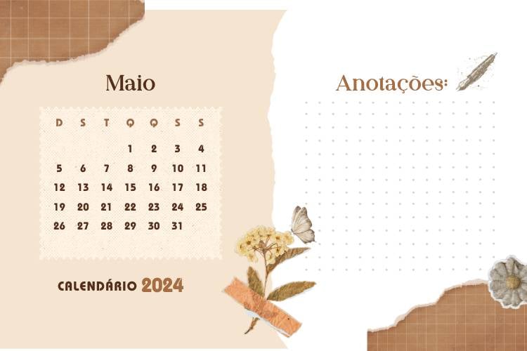 Calendário de maio de 2024 em tons de rosa e marrom.