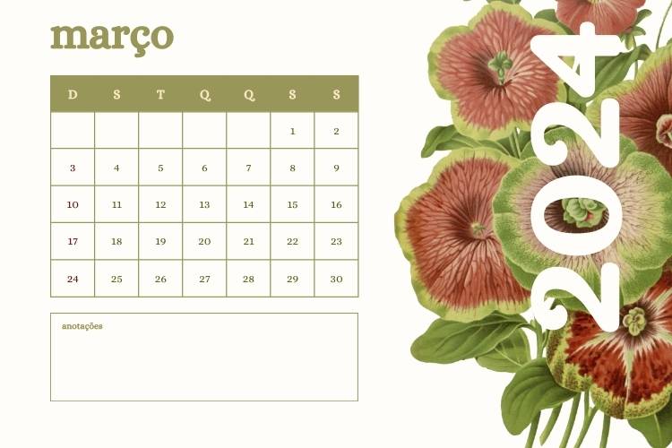 Calendário floral março de 2024