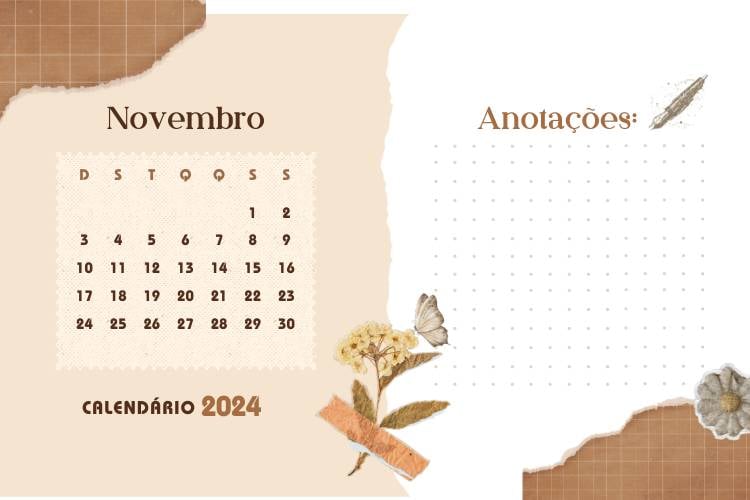 Calendário de novembro de 2024 em tons de rosa e marrom