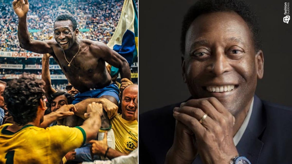 Fotos de Pelé: primeira foto comemorando gol do Brasil e segunda foto já mais velho sorrindo para câmera