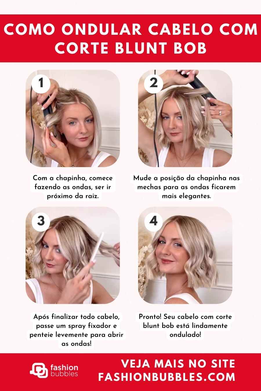 4-step tutorial for waving hair with a blunt bob cut.