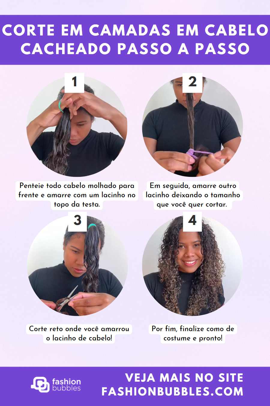 4-step tutorial on how to make a layered cut on curly hair.