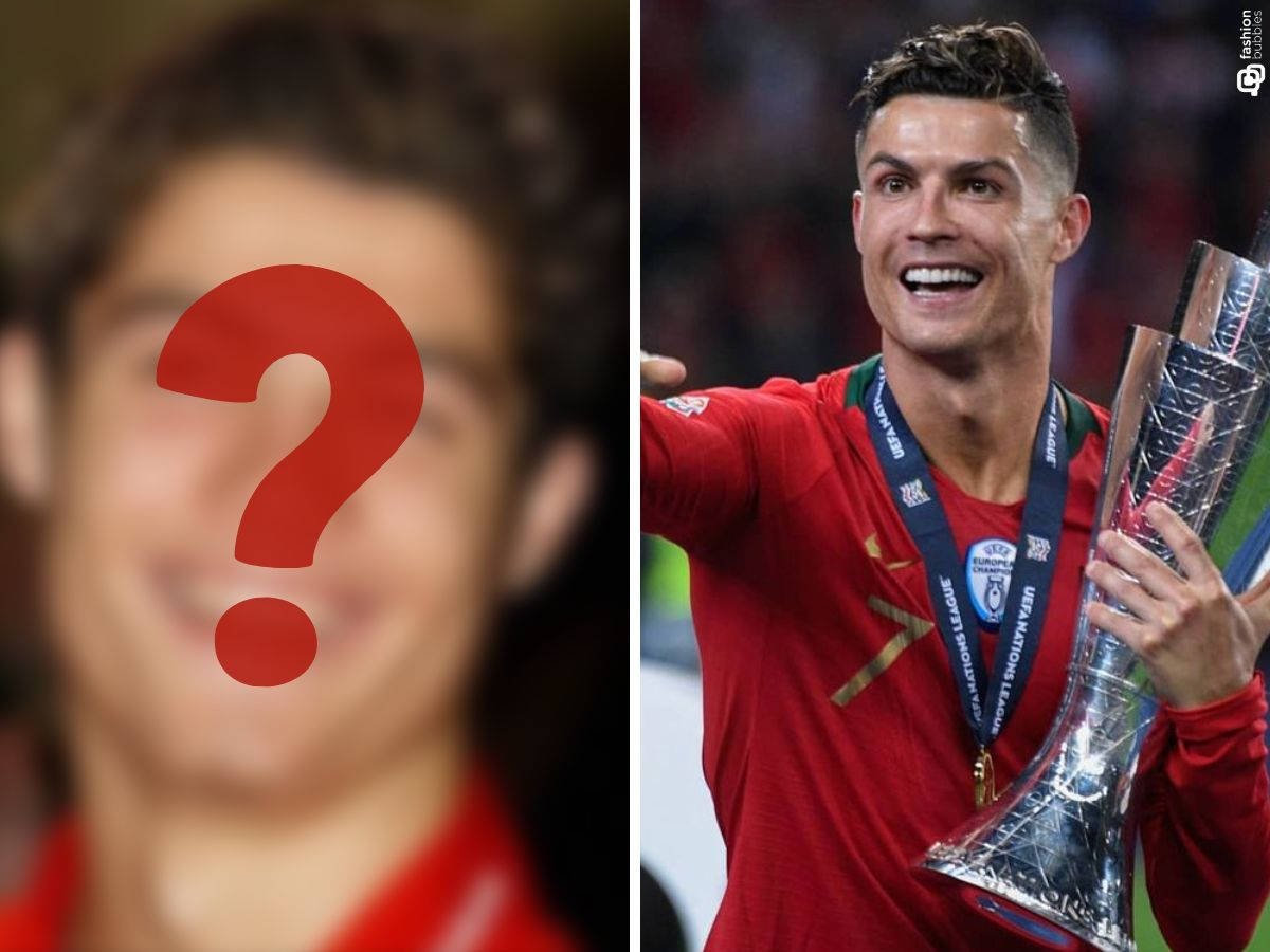 Foto de Cristiano Ronaldo antes e depois, primeira foto com borrão na imagem e segunda com Cristiano sorrindo com troféu na mão