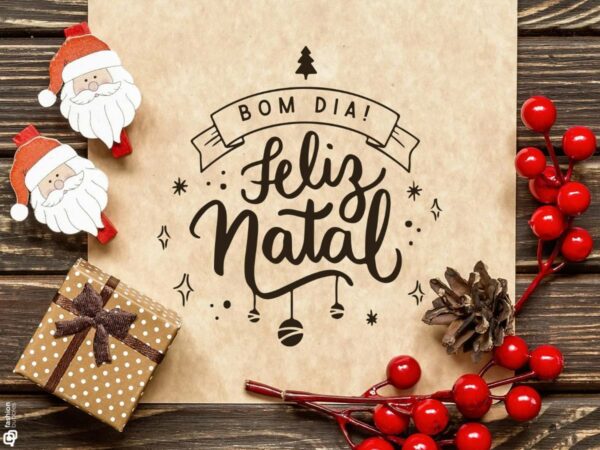 Ilustração de Bom dia e Feliz Natal, com elementos decorativos natalinos