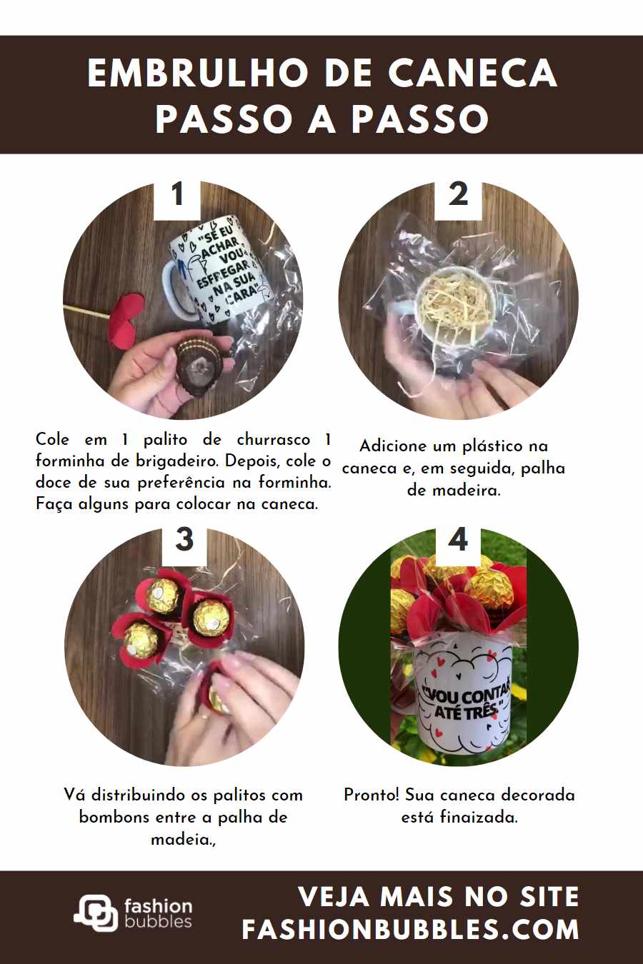 Montagem com 4 passos de como embrulhar caneca passo a passo.