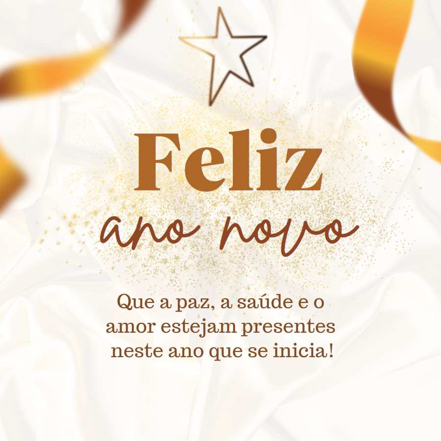 cartão de feliz Ano Novo em tons de dourado com mensagem de paz para compartilhar