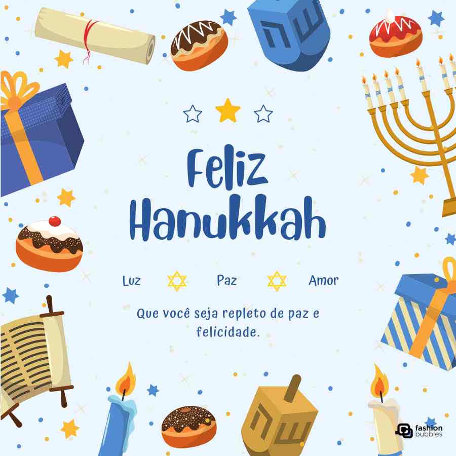 Pngs de presentes, doces e velas com frase "Feliz Hanukkah - luz, paz, amor, Que você seja repleto de paz e felicidade".