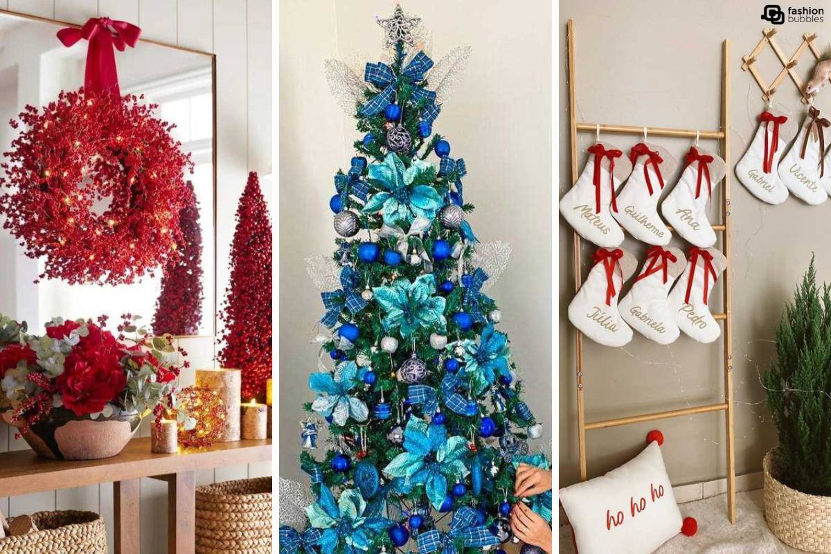 Montagem com três fotos que aparecem no decorrer da matéria: decoração natalina em vermelho, árvore de Natal em azul e meias de Natal.