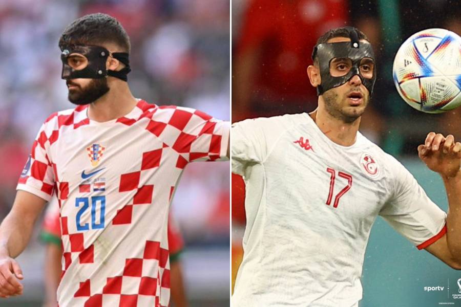 Jogadores da Croácia e Tunísia com máscara de proteção.
