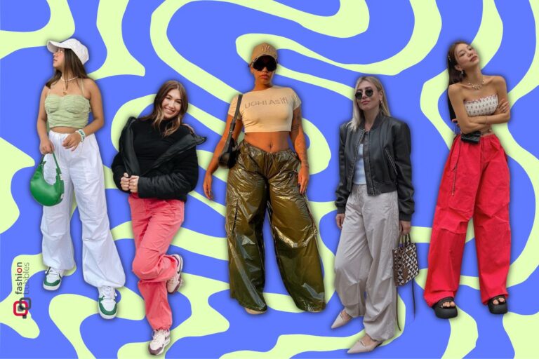 montagem com 5 looks de calça parachute