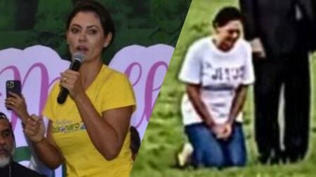 Michelle Bolsonaro “cai” de joelhos diante de manifestantes que pedem minuto de silêncio à Bolsonaro