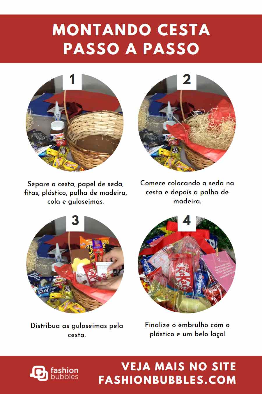 Tutorial com 4 passos de como montar cesta de Natal.