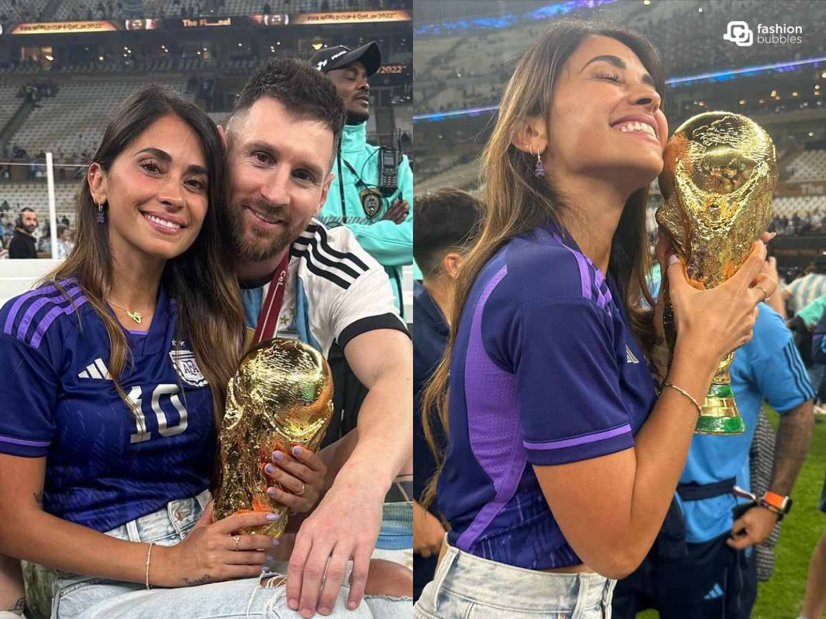 Foto da esposa de Messi com o jogador com a taça da Copa do Mundo 2022.