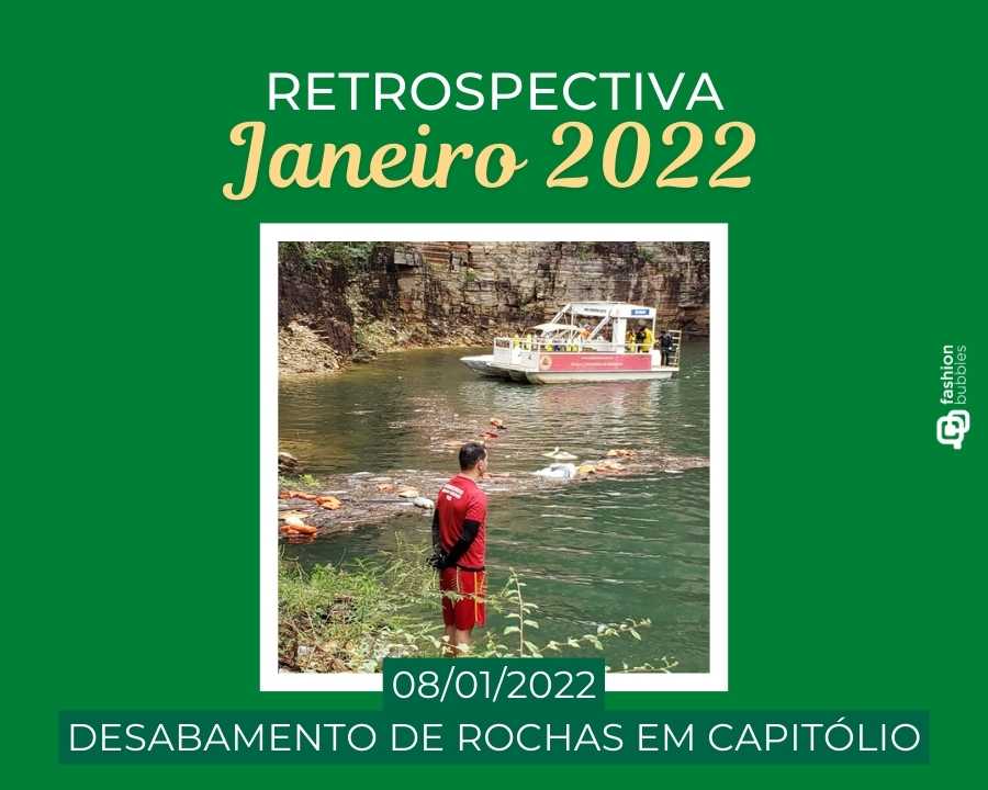 Imagem com fundo verde, escrito de branco e amarelo "Retrospectiva janeiro 2022 - 08/01/2022 - Desabamento de rochas em Capitólio". No centro, foto do local do acidente.