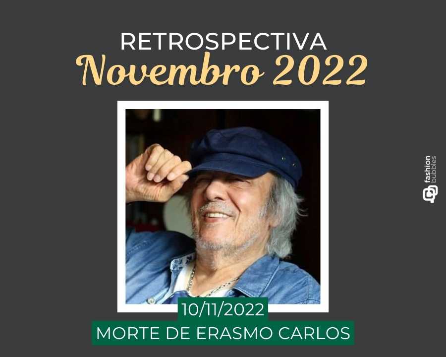 Imagem com fundo cinza, escrito de branco e amarelo "Retrospectiva novembro 2022 - 10/11/2022 - Morte de Erasmo Carlos". No centro, foto do cantor.