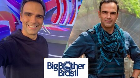 Tadeu Schmidt no estúdio do BBB e em cena de Cara e Coragem.