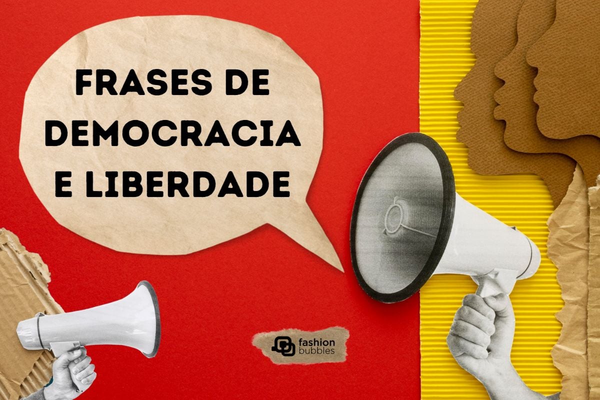 fundo vermelho com imagens de pessoas e mãos com megafone. Em um balão de papel, se lê "Frases de democracia e liberdade"