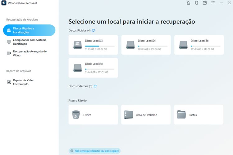 print da tela do Recoverit, programa que recupera fotos do computador que foram excluídas