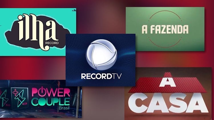 Logos da Record TV, A Casa, Power Couple, A Fazenda e Ilha Record.