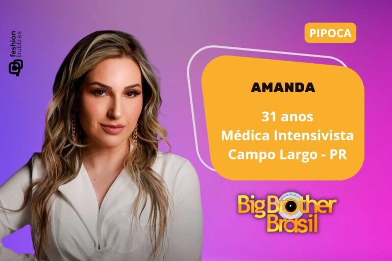 Montagem com foto de Amanda do BBB 23 e seus dados pessoais como idade, profissão e local onde mora.