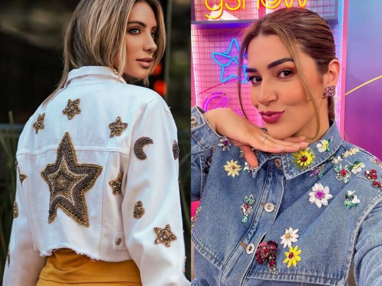 Foto de roupas bordadas com pedrarias. No lado direito, apresentadora do Rede BBB Vivian Amorim usando camisa.