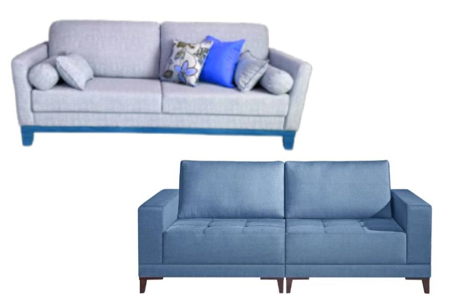 Dois modelos de sofá azul.