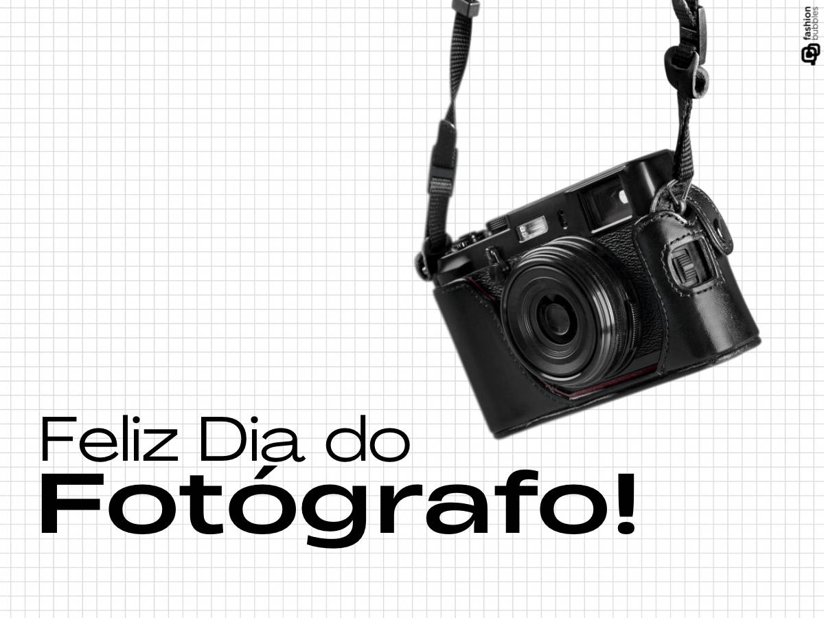 Ilustração quadricular com foto de câmera profissional e a frase "Feliz Dia do Fotógrafo"