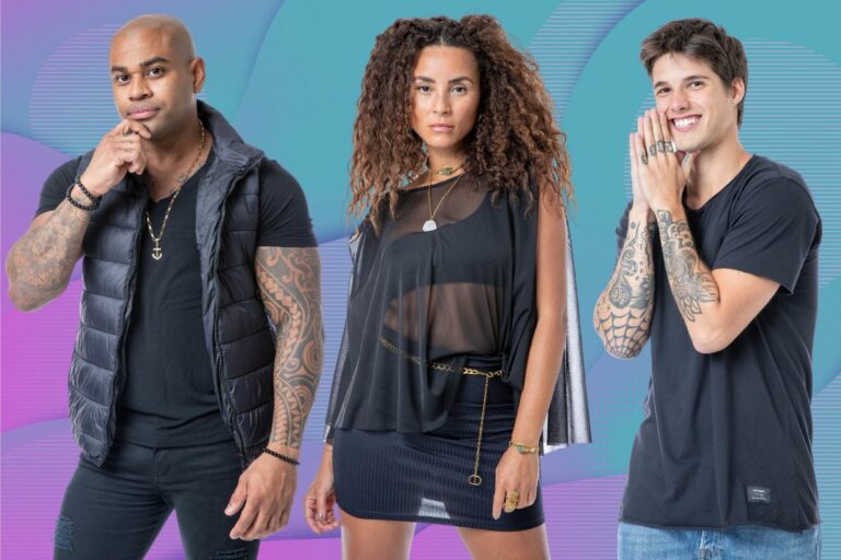 fundo azul com foto de Cezar Black, Domitila Barros e Gabriel Tavares, quem está no Paredão do BBB 23