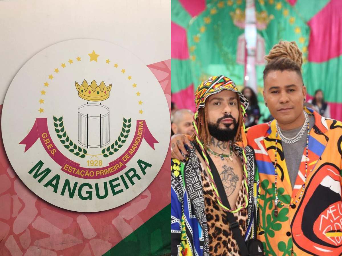 Foto dos donos da Meninos Rei e logomarda da escola de samba Mangueira.