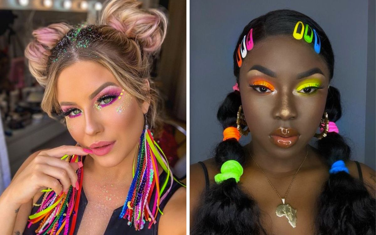 Montagem com duas mulheres usando penteados coloridos de Carnaval