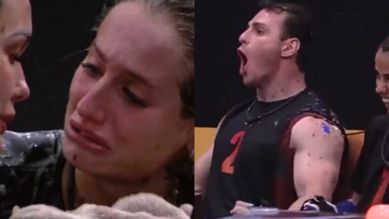 Montagem com fundo preto, Bruna Gripao e Gustavo na primeira briga do BBB 23