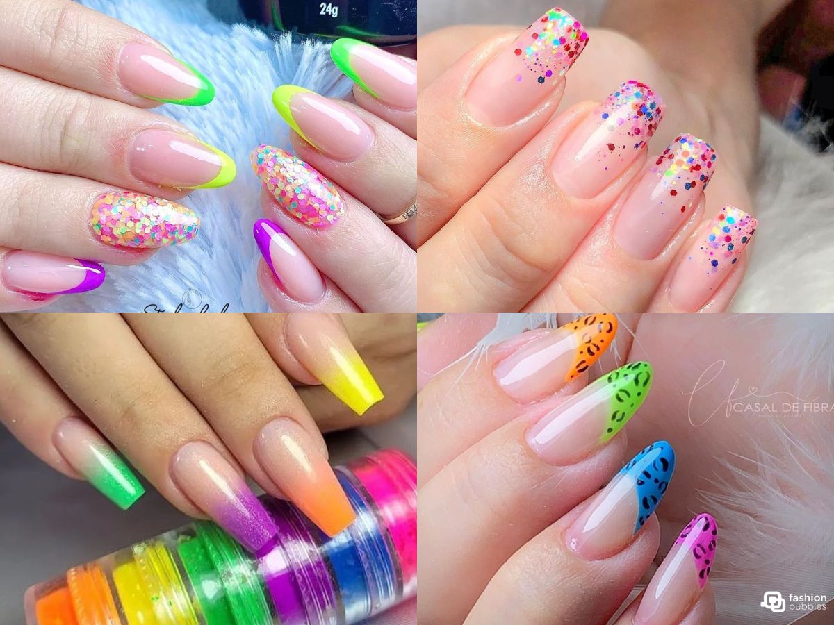4 ideias de unhas decoradas, coloridas, com glitter e neon para o Carnaval.