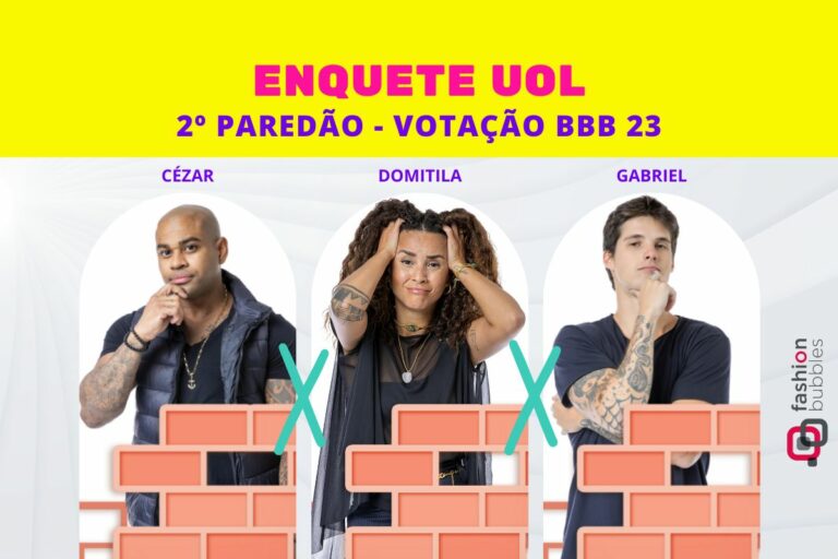 Montagem com Cézar Black, Domitila Barros e Gabriel Fop para a enquete BBB 23 do 2º Paredão
