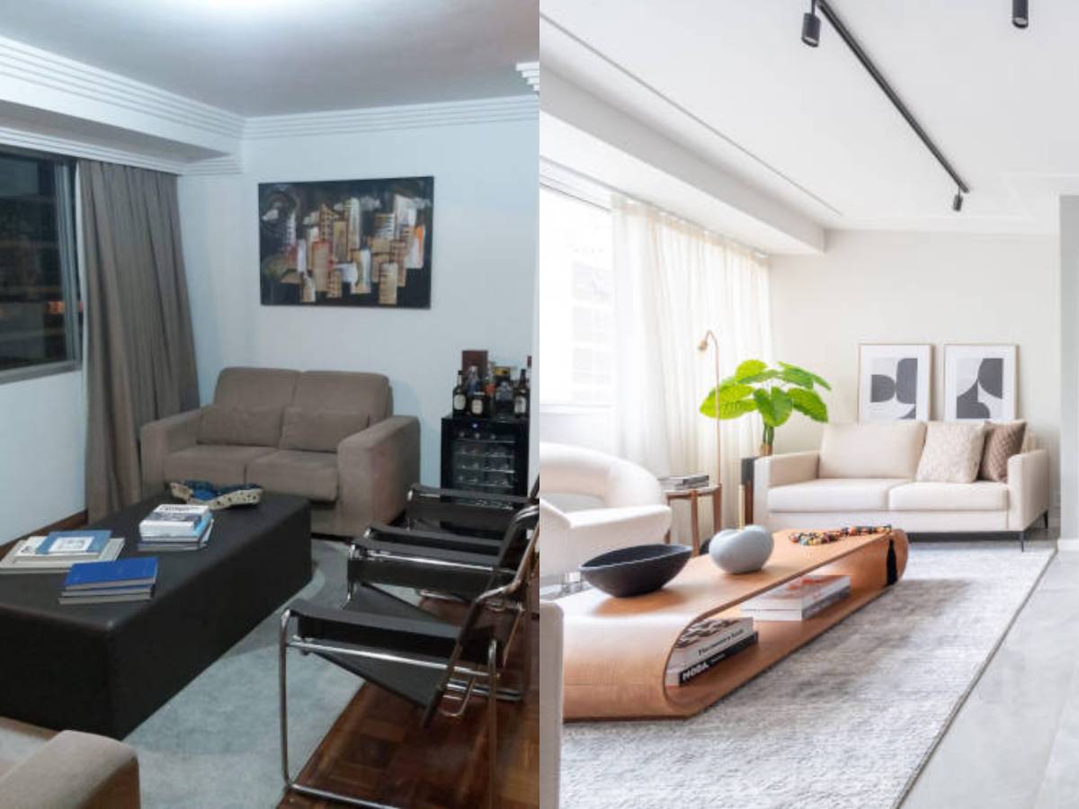 Apartamento decorado antes e depois mostrando sala de estar.