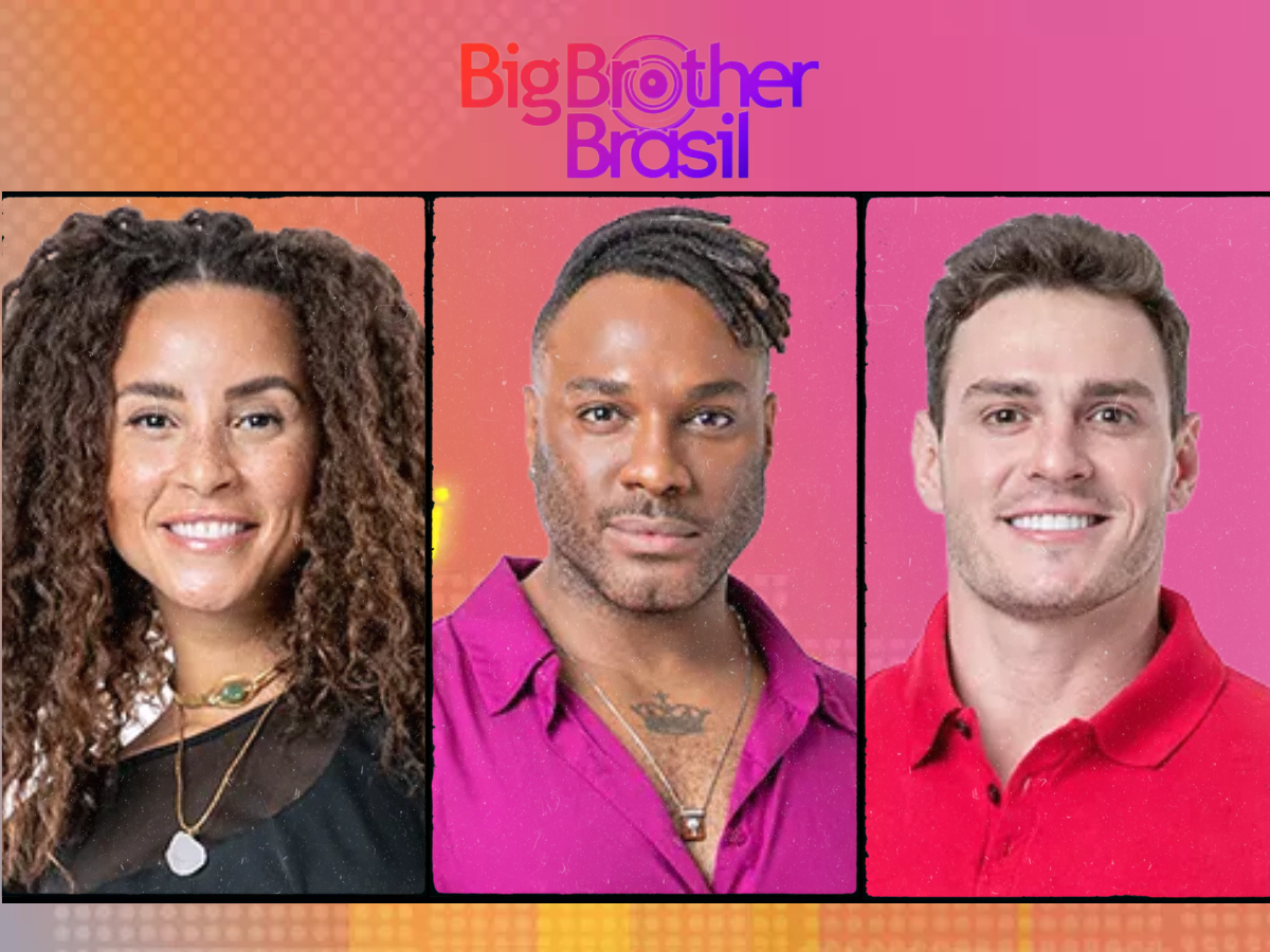 Participantes do paredão bbb 23, Domitila, Fred Nicácio e Gustavo ao centro. Fundo rosa e amarelo, logo Big Brother Brasil em cima