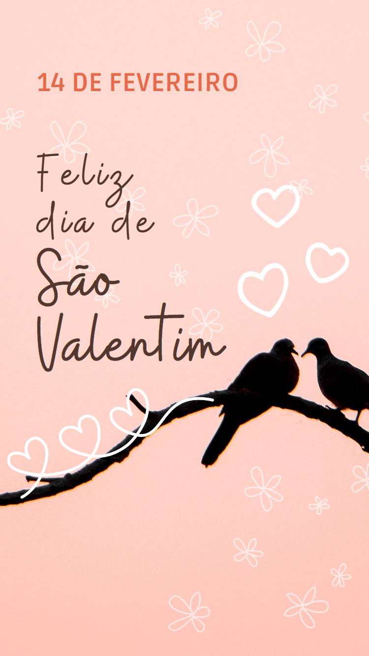 Texto "14 de fevereiro - Feliz Dia de São Valentim" em fundo rosa com desenho de flores e de casal de pombinhas.