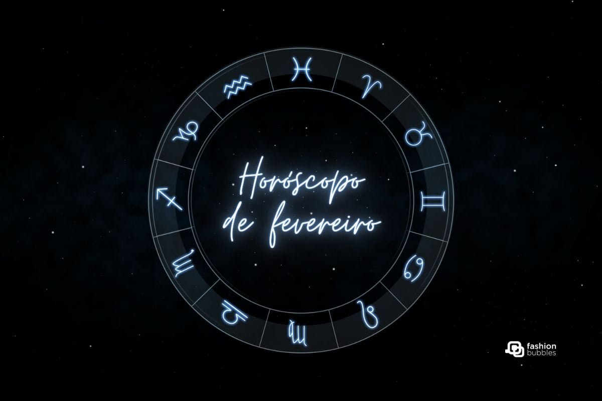fundo de céu estrelado com símbolos dos signos do zodíaco e dizeres "Horóscopo de fevereiro"