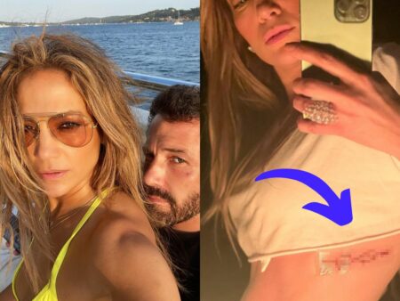Montagem com 2 fotos. Jennifer Lopes e Ben Affleck juntos em uma. Na outra, a cantora mostrando a tatuagem de casal nova.