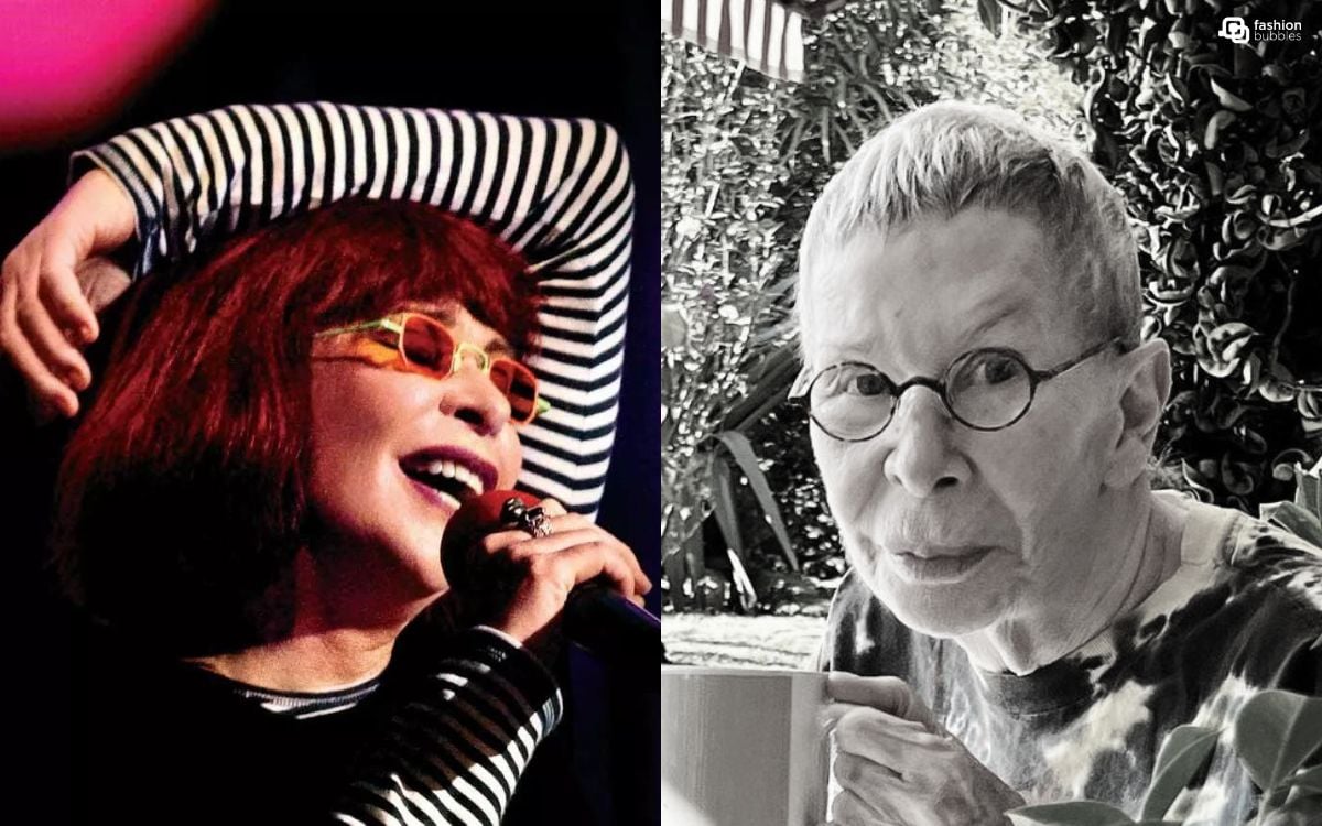 Foto de Rita Lee cantando à esquerda e à direita foto de Rita Lee hoje, aos 75 anos.