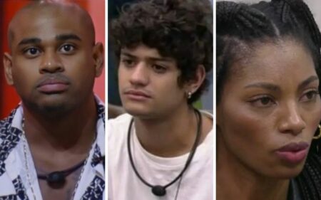 Montagem com Cezar Black, Gabriel Santana e Tina Calamba para ilustrar a matéria de quem saiu do BBB 23